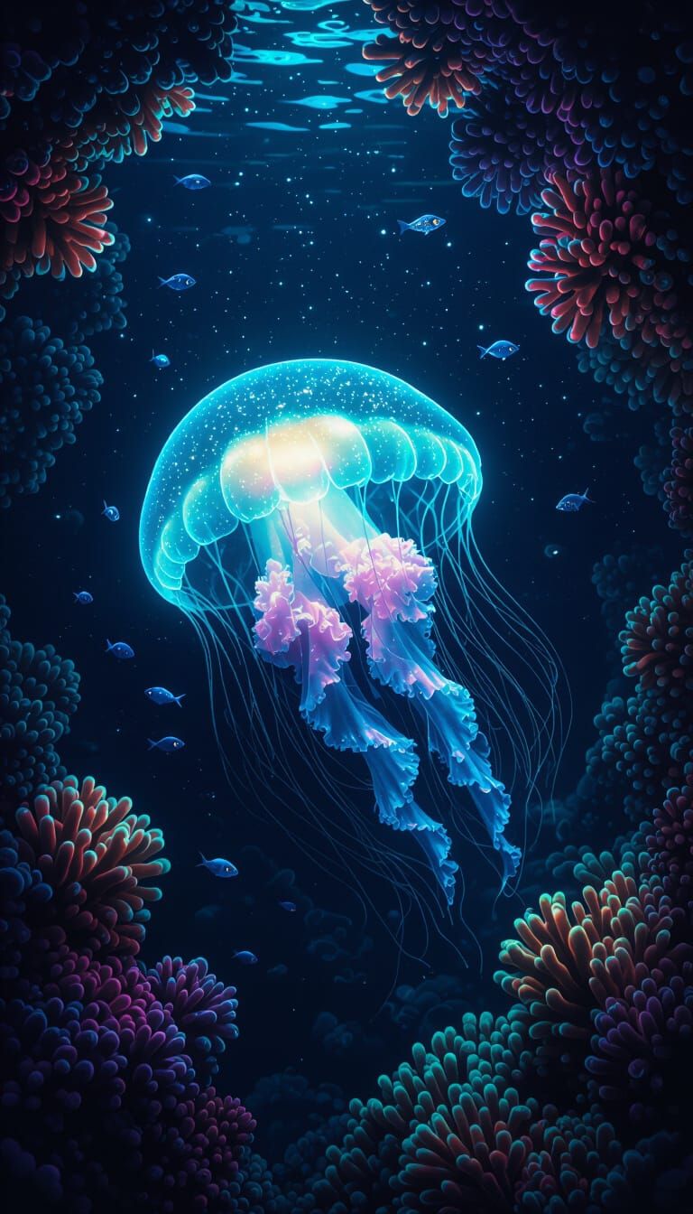 Bioluminescent Jellyfish Drifting Through Deep-Sea Trench