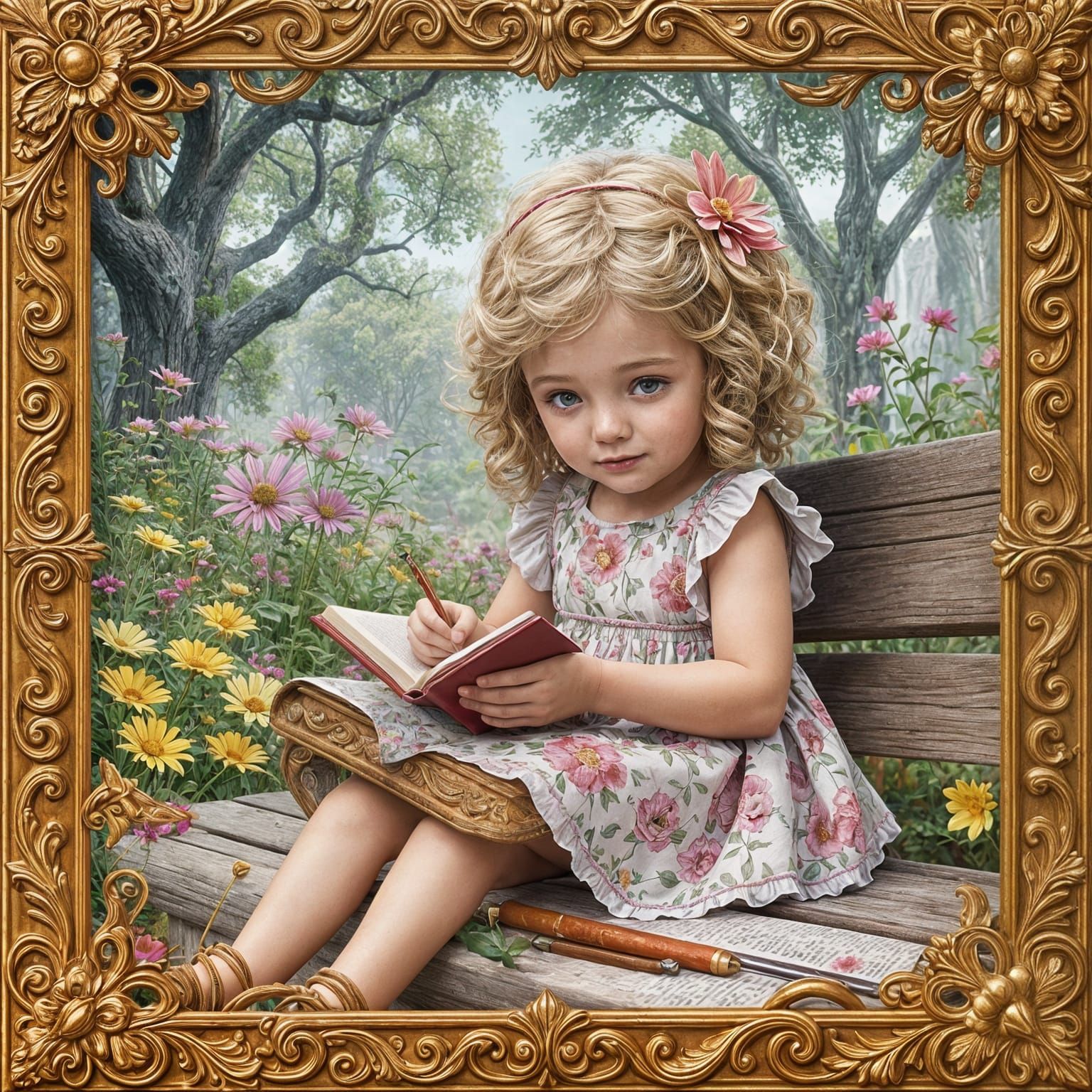 Charming Young Girl Writes in a Whimsical Garden Scene