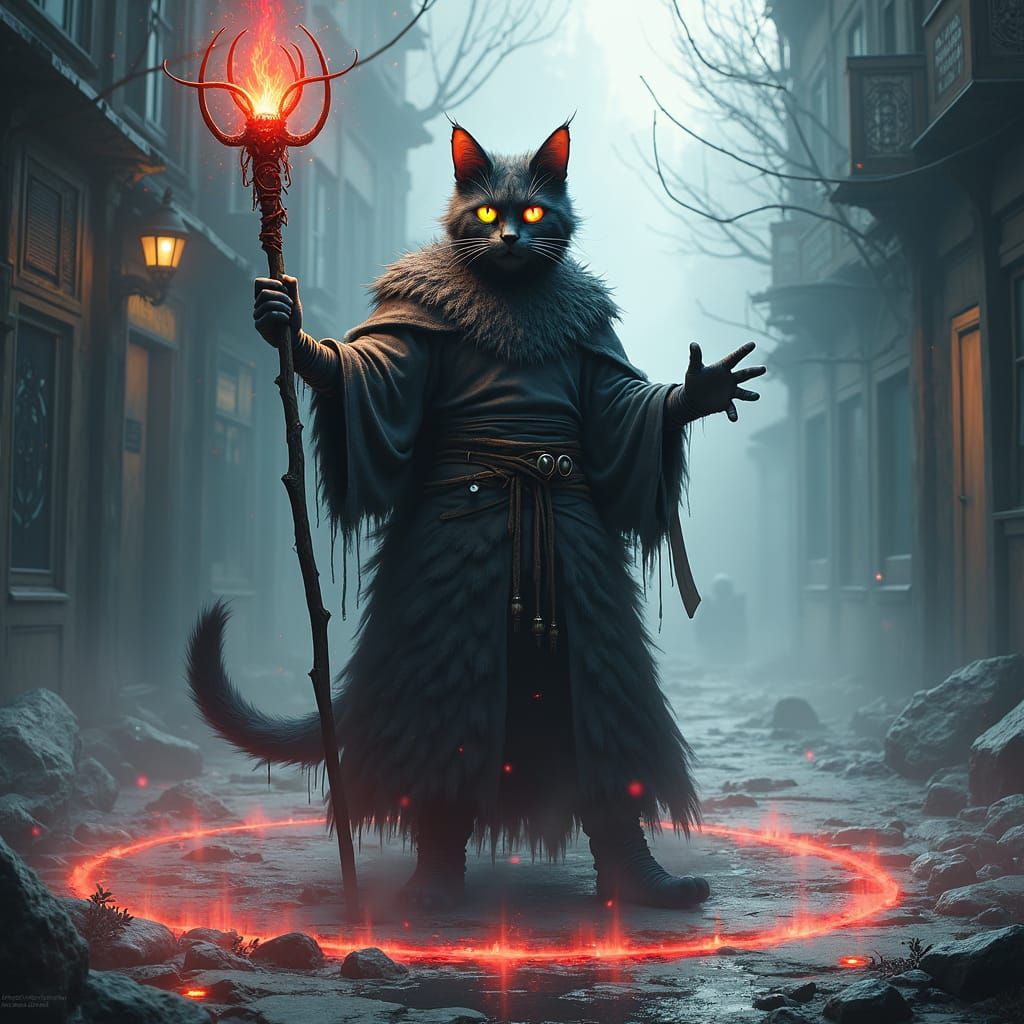 Rainbow Cat Wizard Conjuring Magic, by Luis Royo