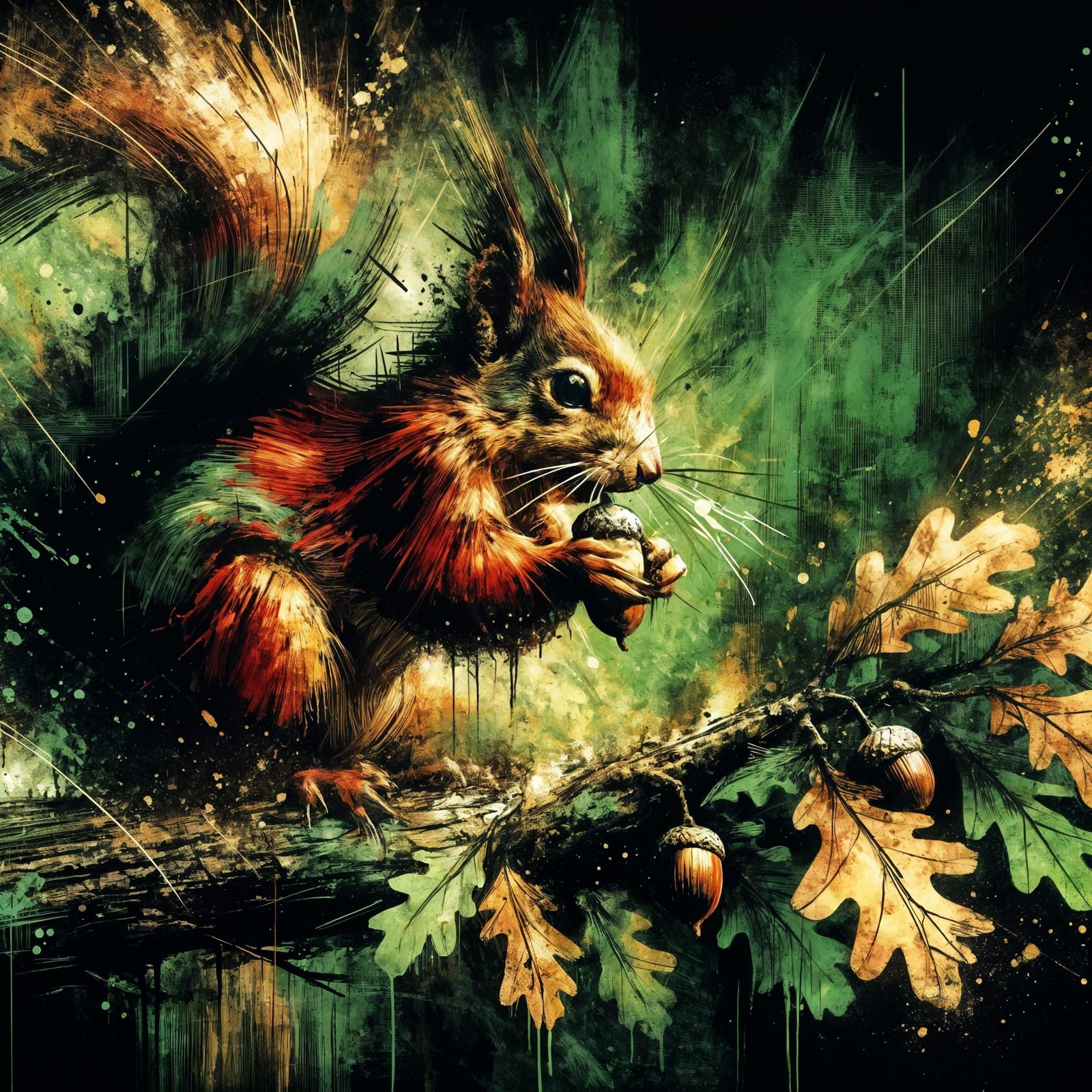 Squirrel in Oak Tree: Dark Grunge Art Painting