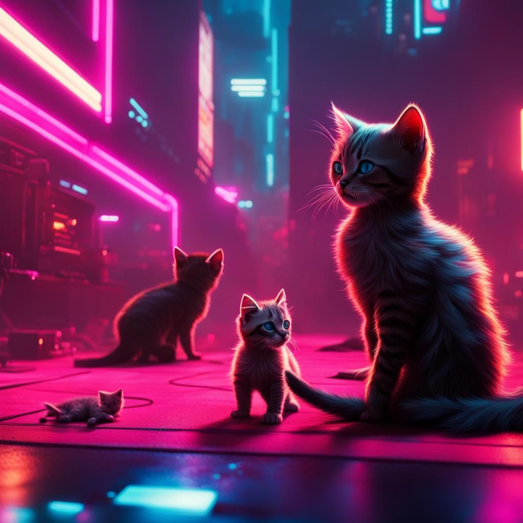 kittens playing,  cyberpunk 2099 blade runner 2049 neon