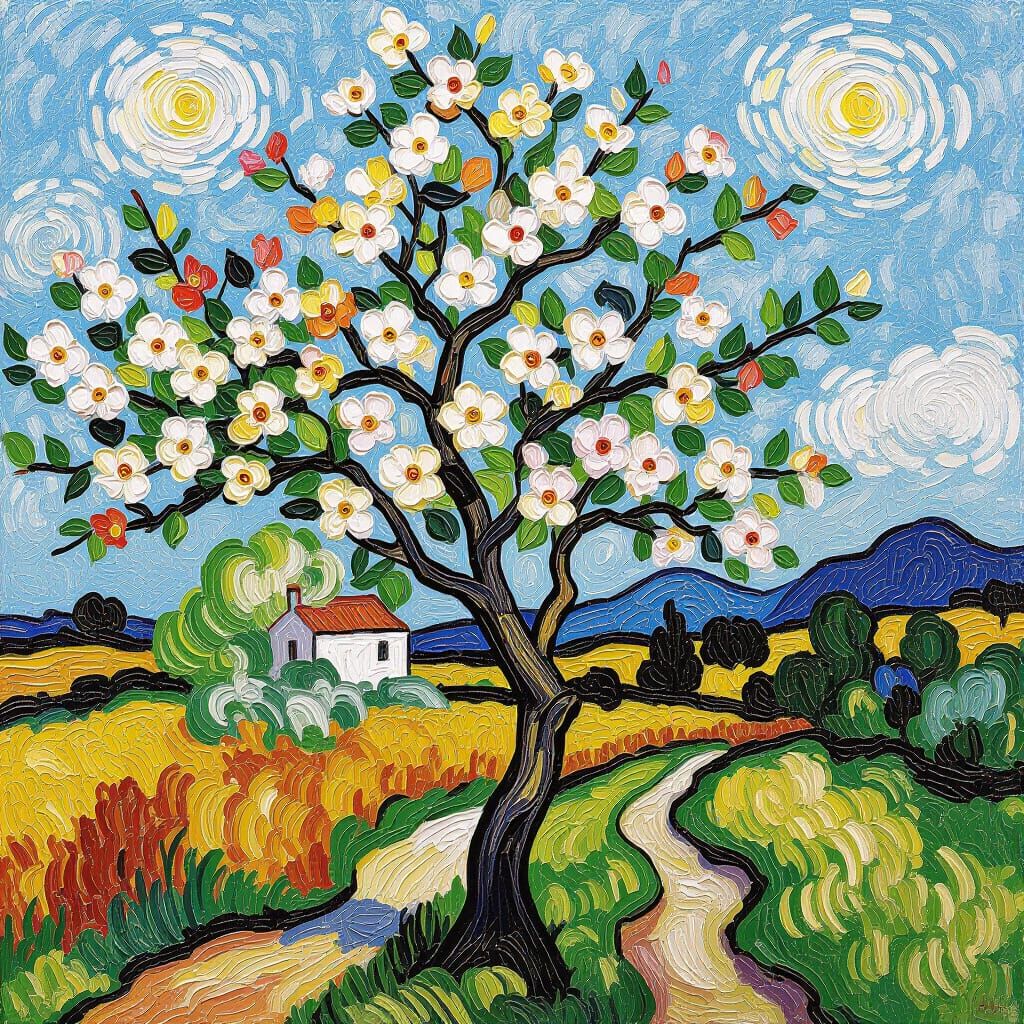 Almond Tree in Bloom as Impasto Oil Painting