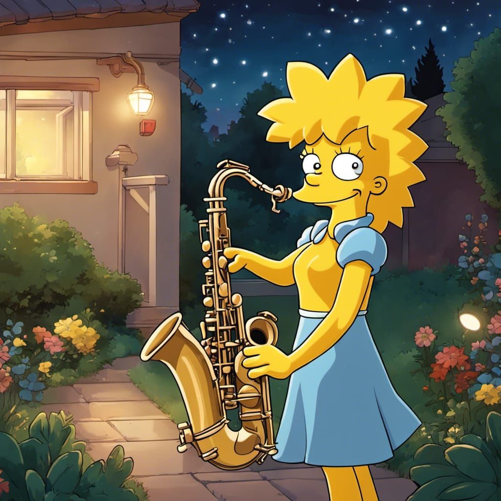 Energetic and cute Lisa Simpson playing a best quality saxop...