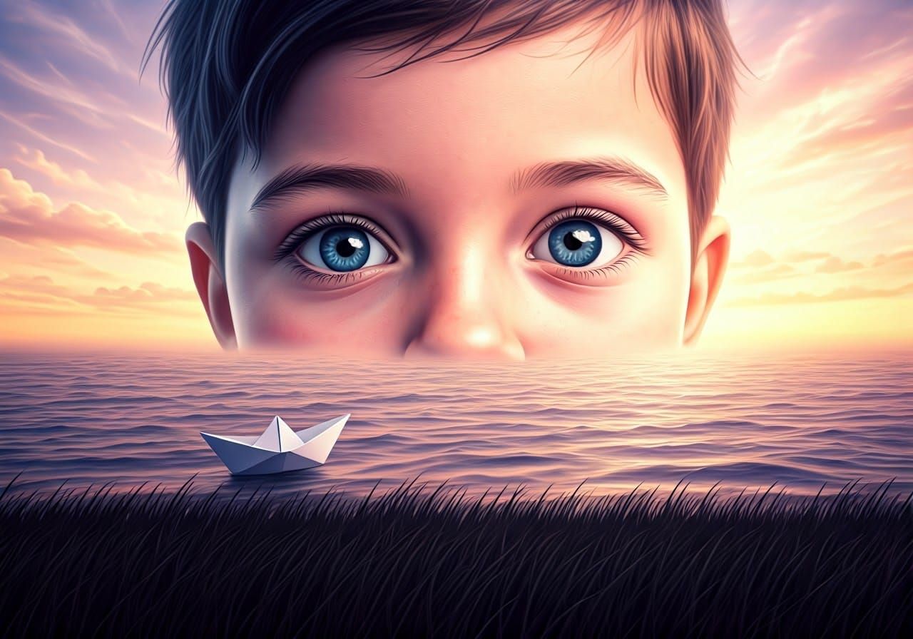 Child's Dream: Paper Boat on Cloud Ocean