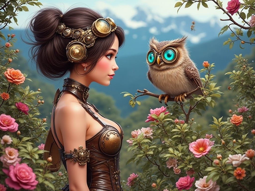 Steampunk Owl Portrait with Brass Goggles