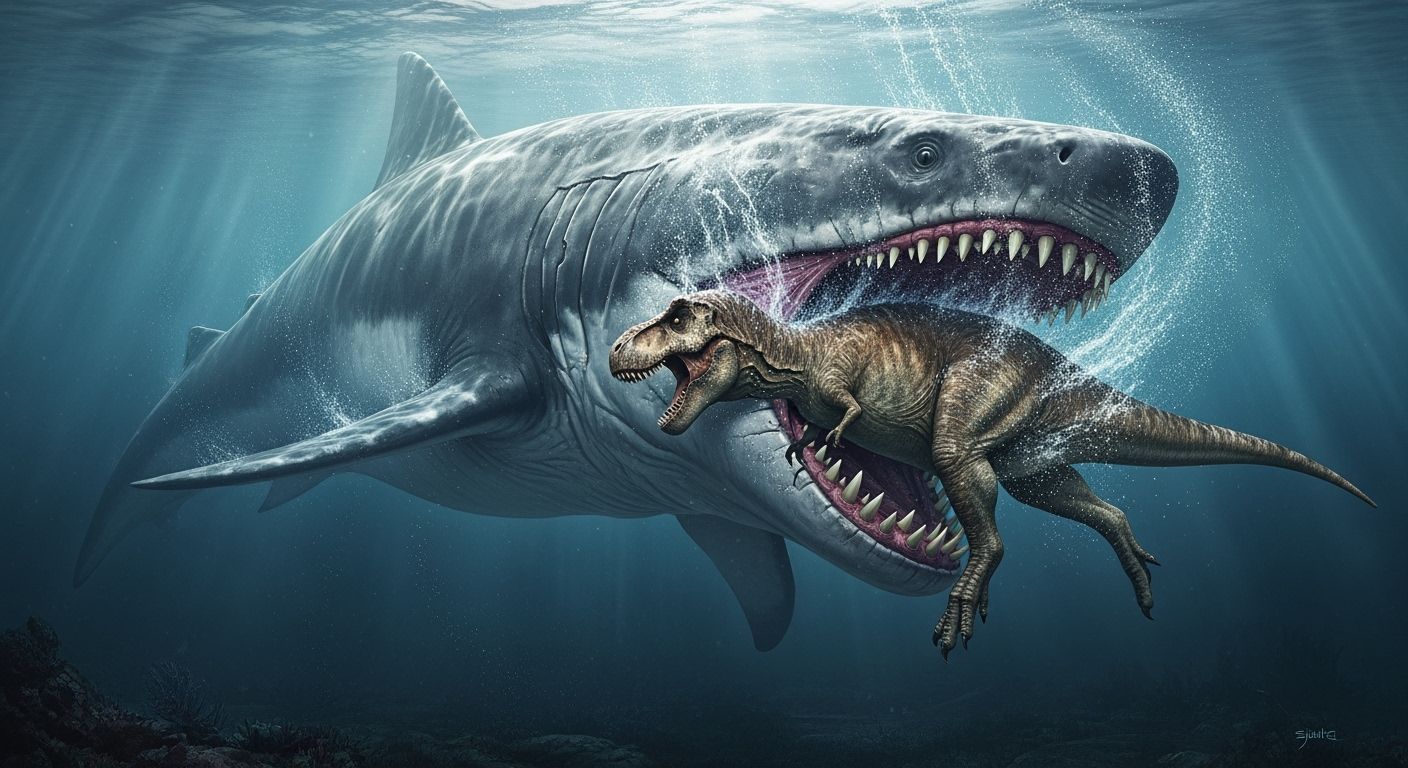 Megalodon's Prehistoric Victory: Tyrannosaurus Rex Captured