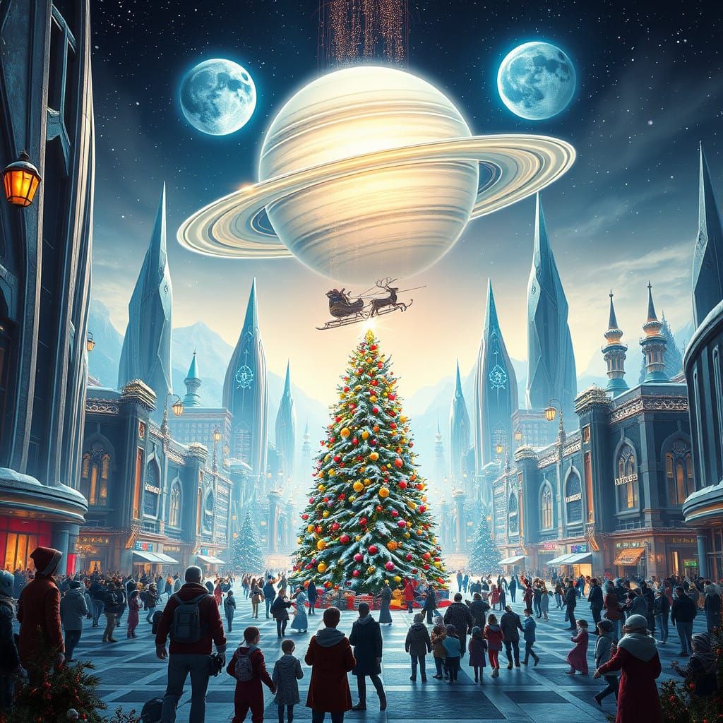 Interstellar Christmas Celebration in a Futuristic Cityscape