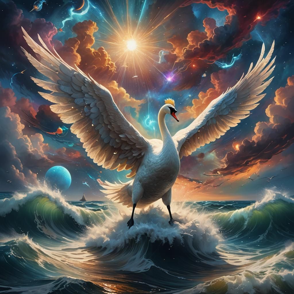 Giant Swan Floats Over Stormy Sea in Cosmic Surrealism