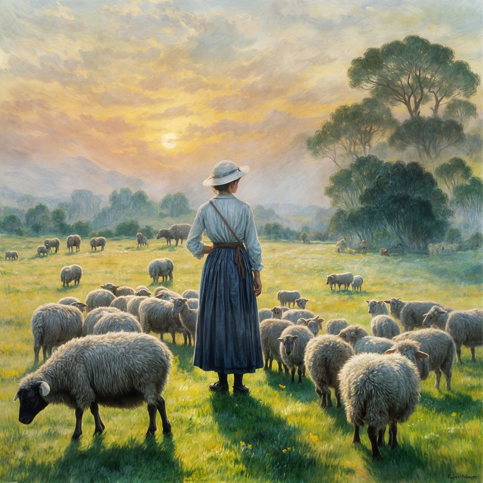 Shepherdess Tending Flock in Dawn's Soft Light