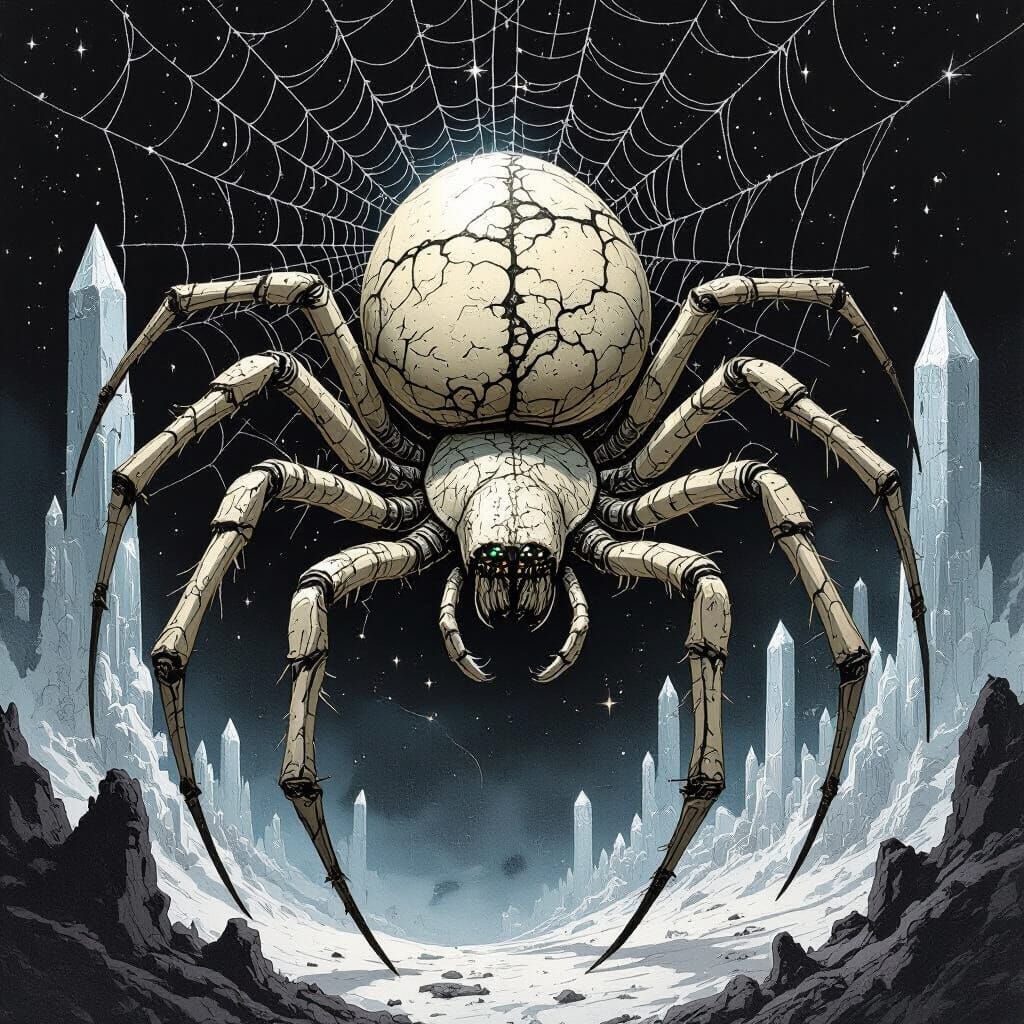 Cracked Porcelain Spider Weaving Starlight Webs in Void