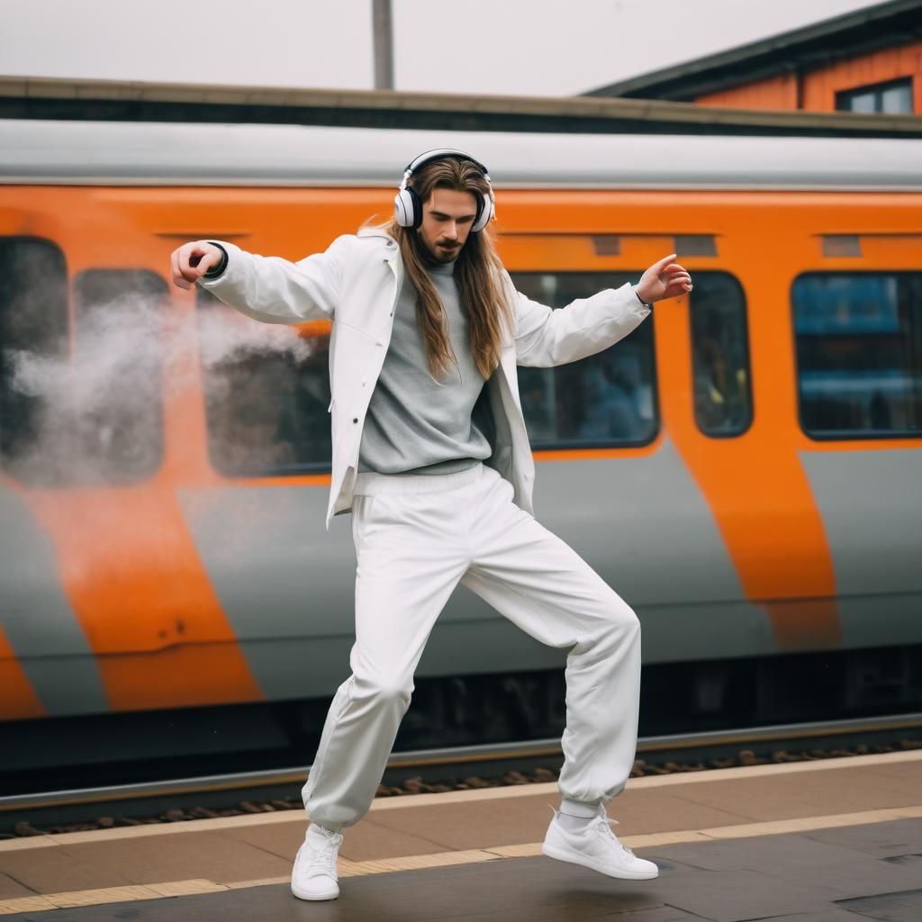 Teenage guy in white 90's coat and grey shell suit trousers ...