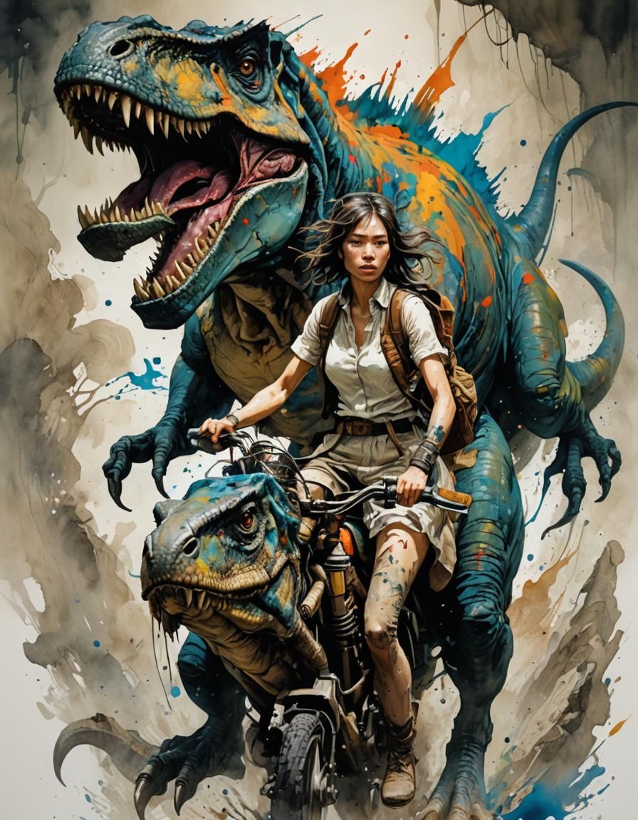 Prehistoric Girl Rides T-Rex: Fluid Gouache Painting