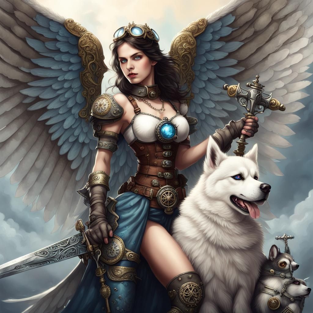 Steampunk Angel with Husky and Sword