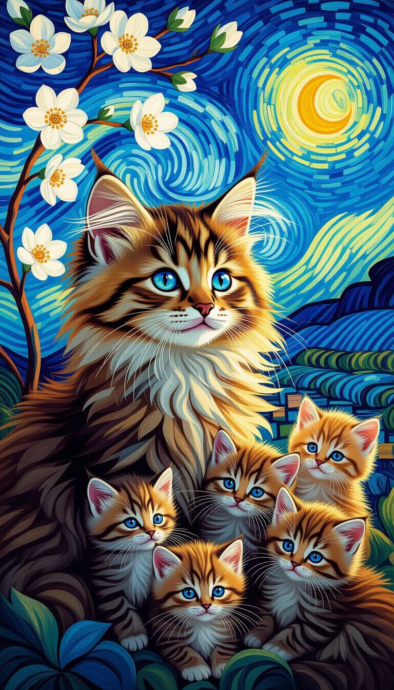 Impressionist Cat Surrounded by Kittens in Art Nouveau Lands...