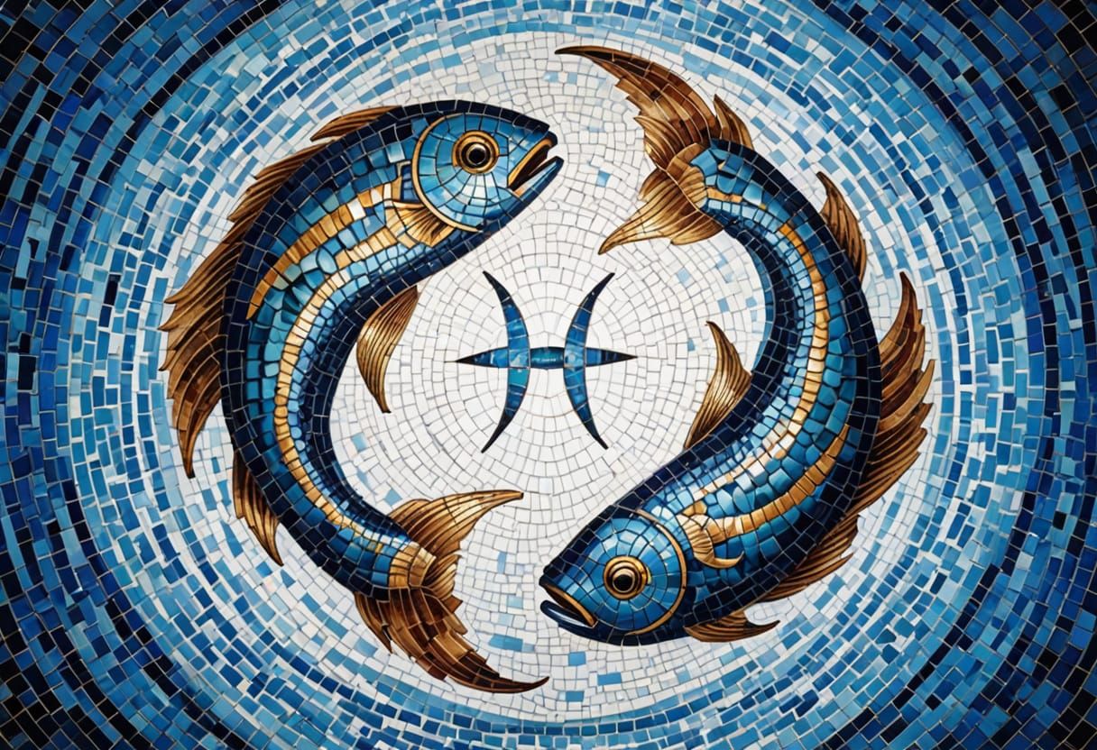 Ancient Byzantine Mosaic of Pisces Zodiac in Gold and Blue