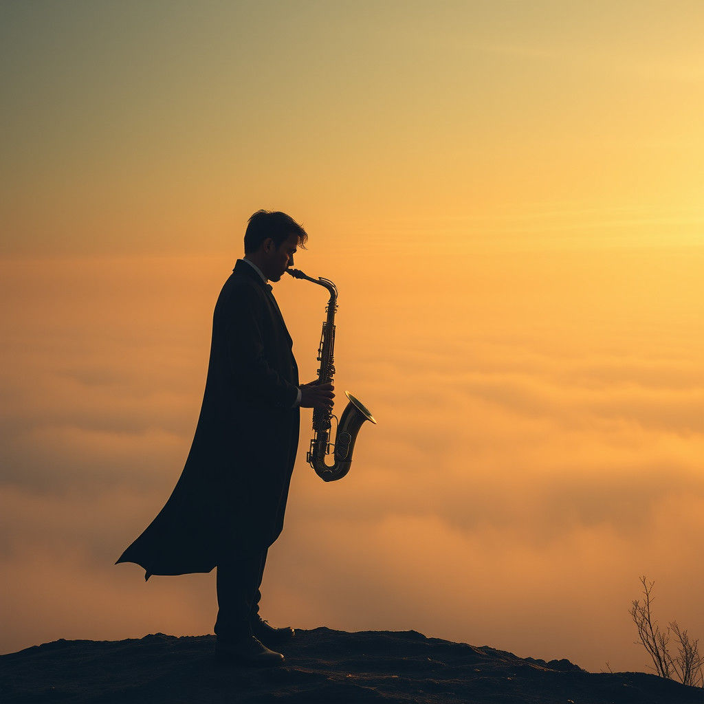 Saxophonist Beckons Cosmos at Misty Horizon: Digital Art