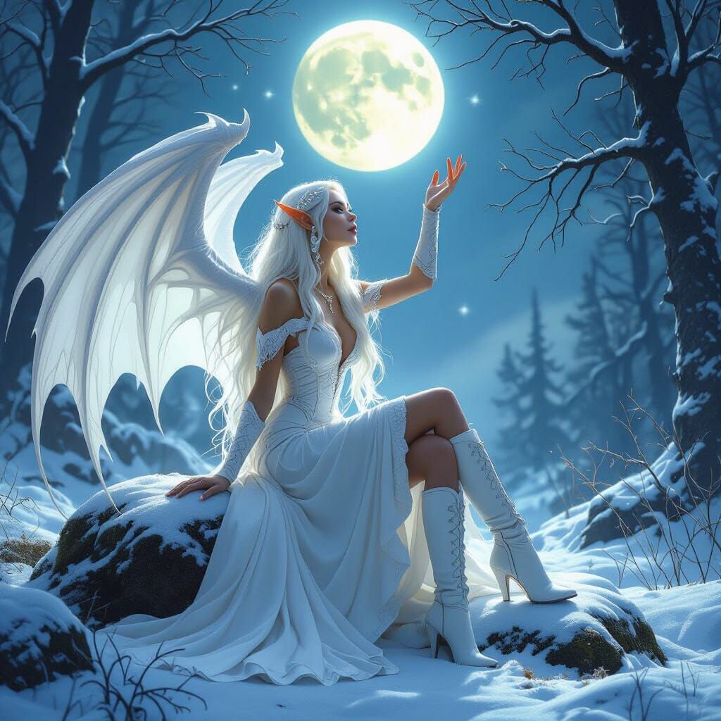 Moonlit Snow Dragon Woman in Ethereal Fantasy Art