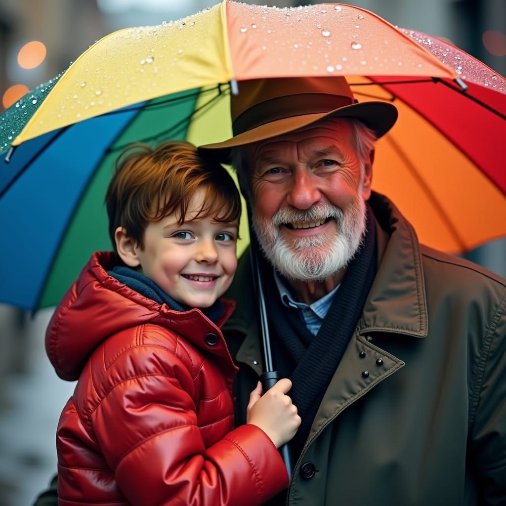 Joyful Rainy Day Portrait of Boy and Grandfather