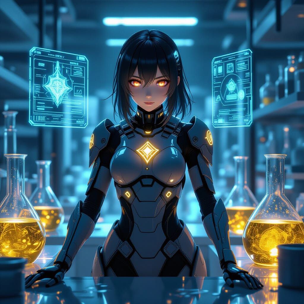 Liquid Gold Anime Girl Statue in Futuristic Lab