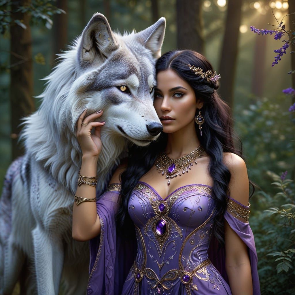 Goddess of Creativity with Divine Wolf Companion