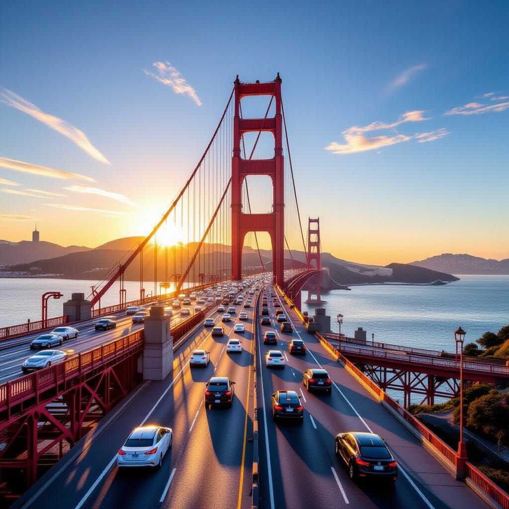 Golden Gate Bridge Traffic in Sunny Golden Hour