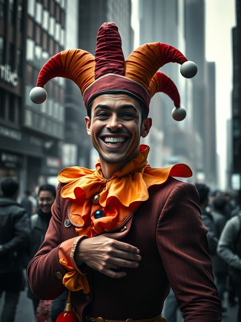 Vibrant Jester in Hyperrealistic Cityscape