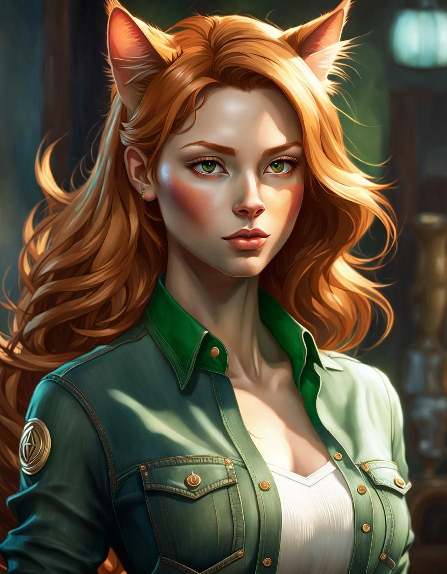 Beautiful Ginger Catgirl Portrait in Hyperdetailed Digital A...