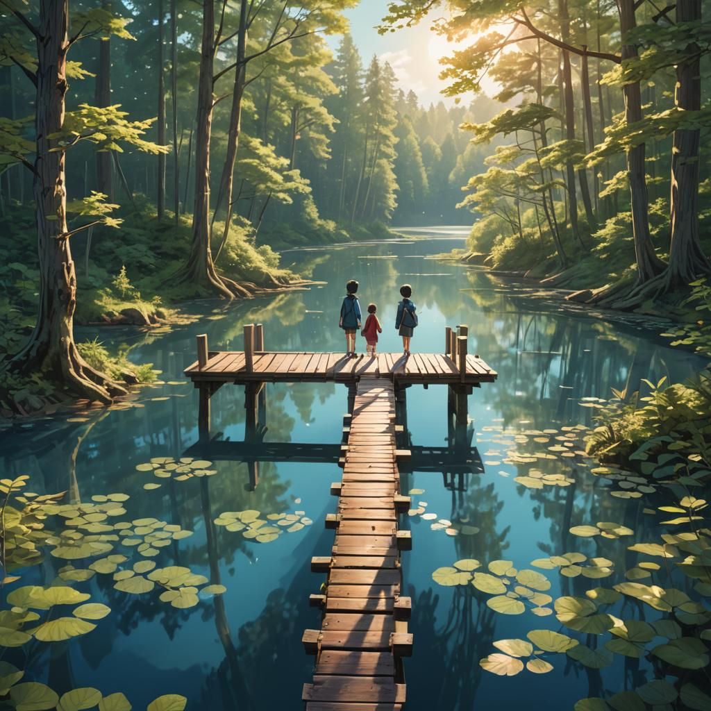 Children on Bridge Over Serene Lake: 3D Art