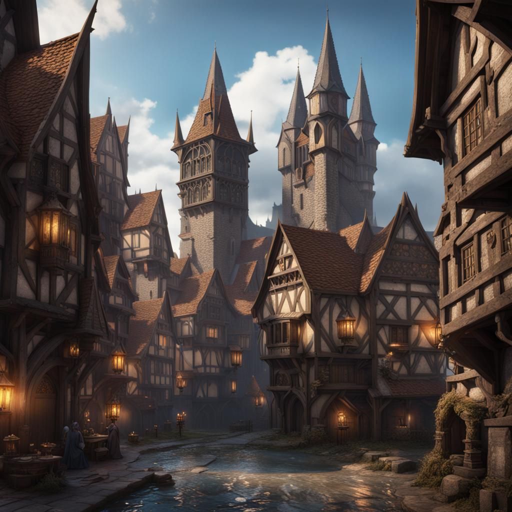 Detailed Medieval City in Matte Painting Style