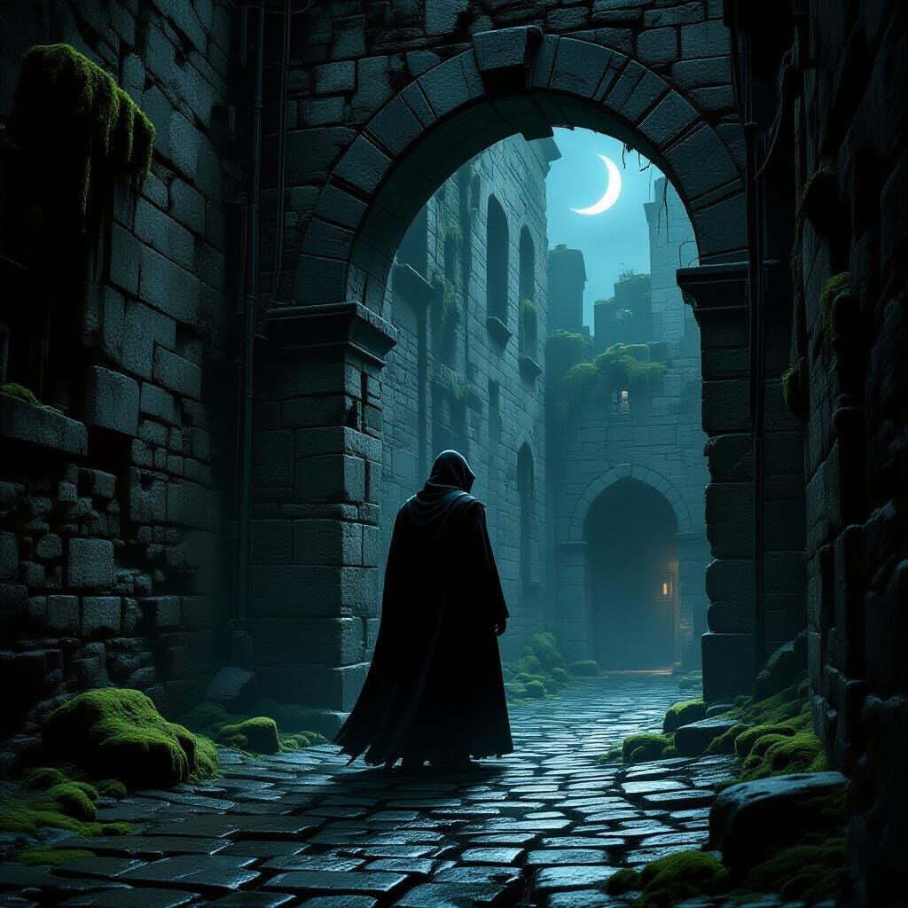 Cloaked Figure in Moonlit Ancient Alleyway