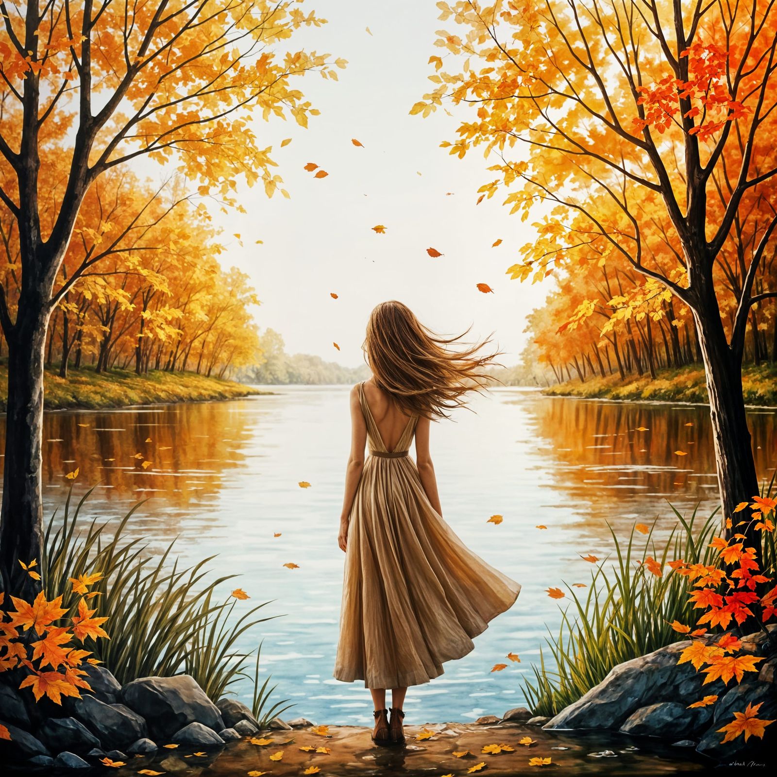Woman Gazing at Autumn Lake: Watercolor Painting
