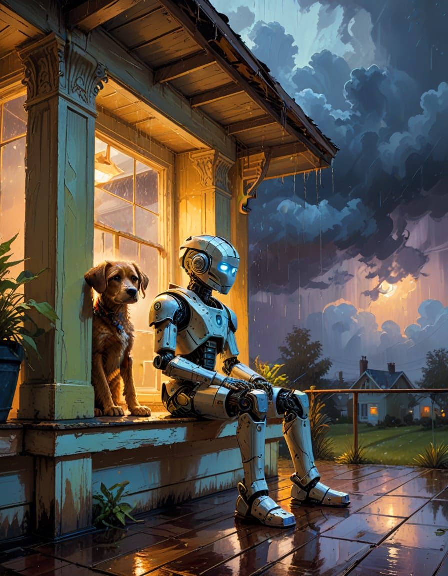 Robot Boy Shelters Puppy: Art Nouveau Oil Painting