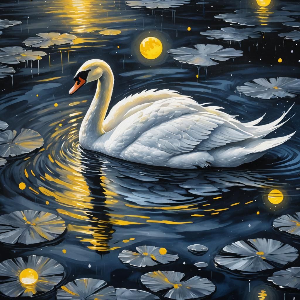 Swan in Lake: Graffiti Art Under Moonlight