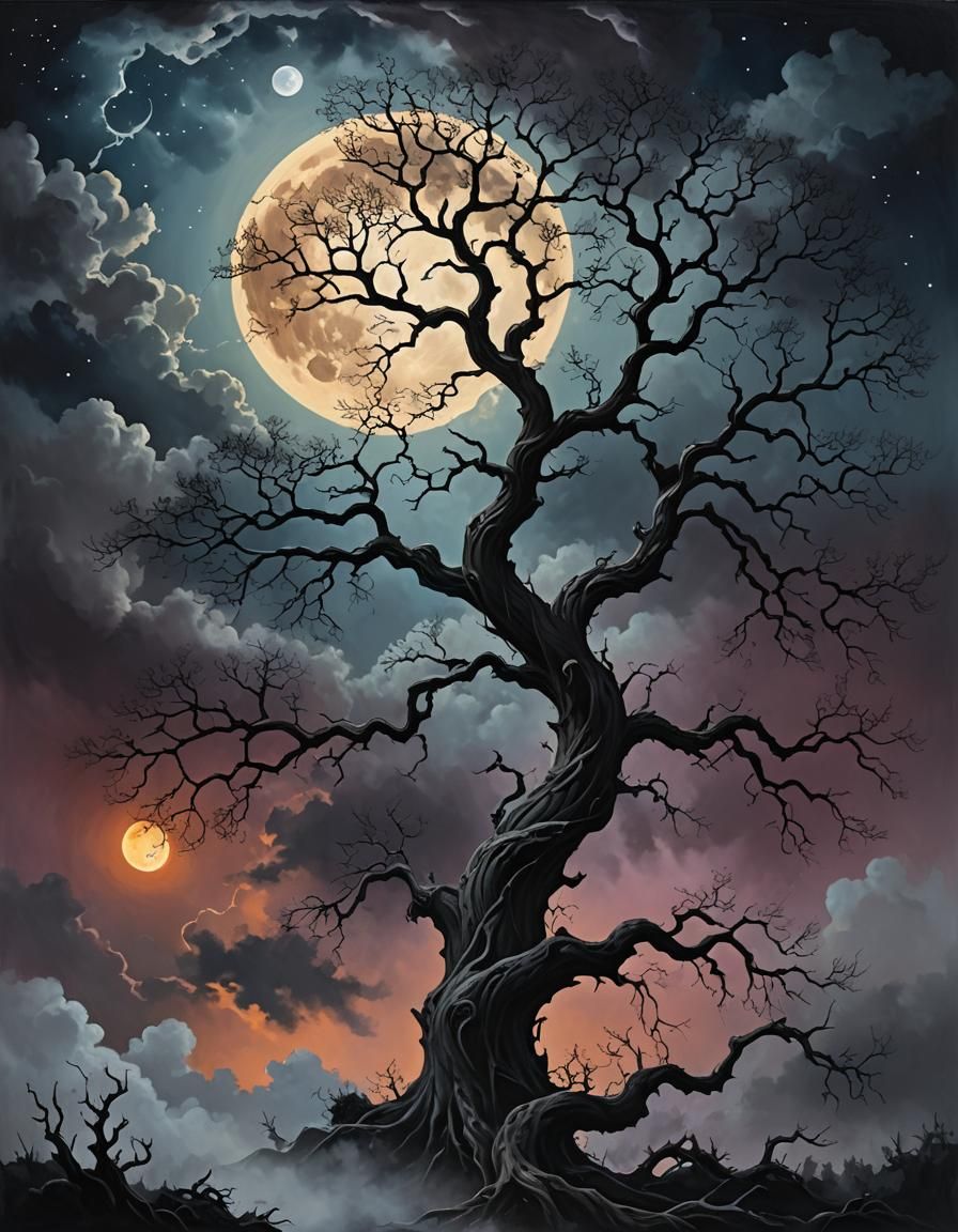 Spooky Tree Under Moonlight in Gothic Horror Style