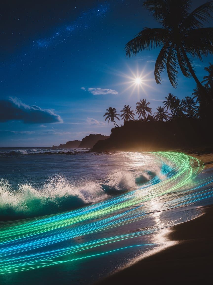 Bioluminescent Waves on a Tropical Beach at Night