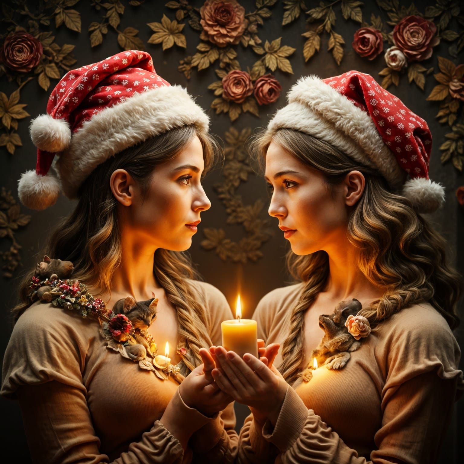 Beautiful Women in Santa Hats with Cats and Candles
