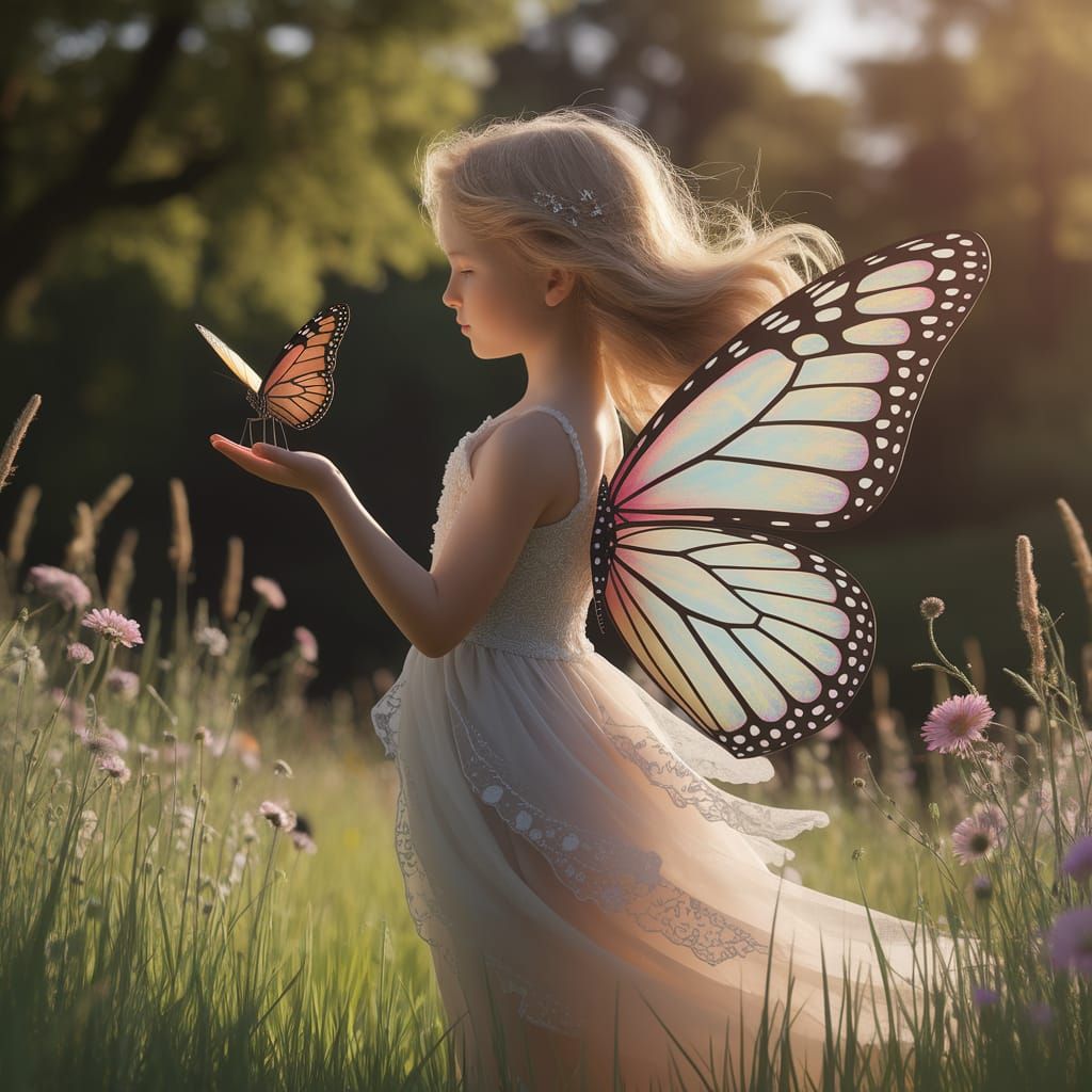 Girl with Iridescent Butterfly Wings in a Sunlit Meadow