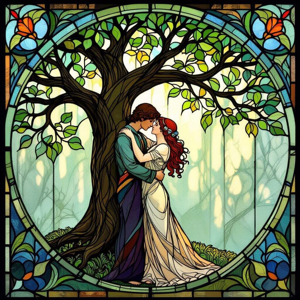 Art Nouveau Stained Glass Lovers Embrace Under Ancient Tree