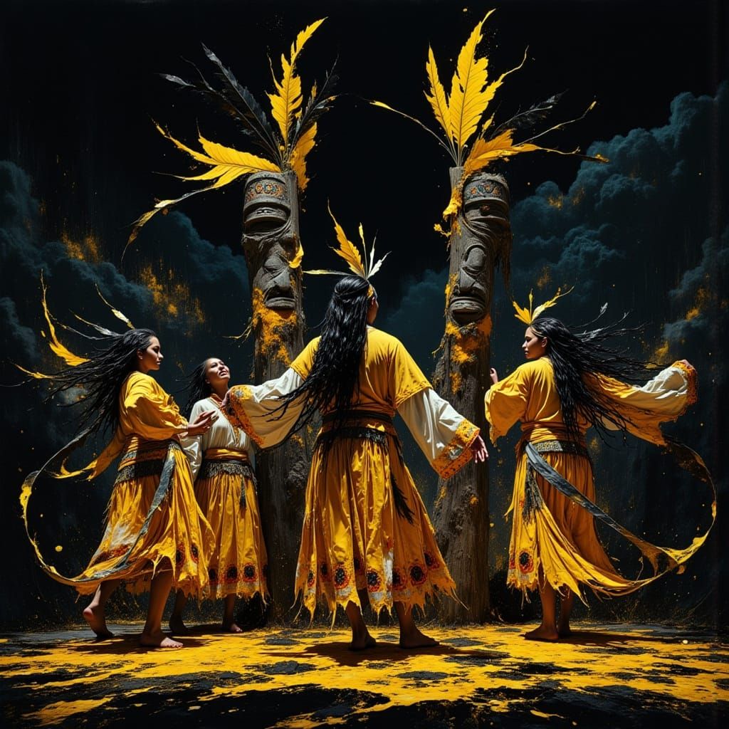 Indigenous Dance Around Totem Pole in Hyperrealistic Style