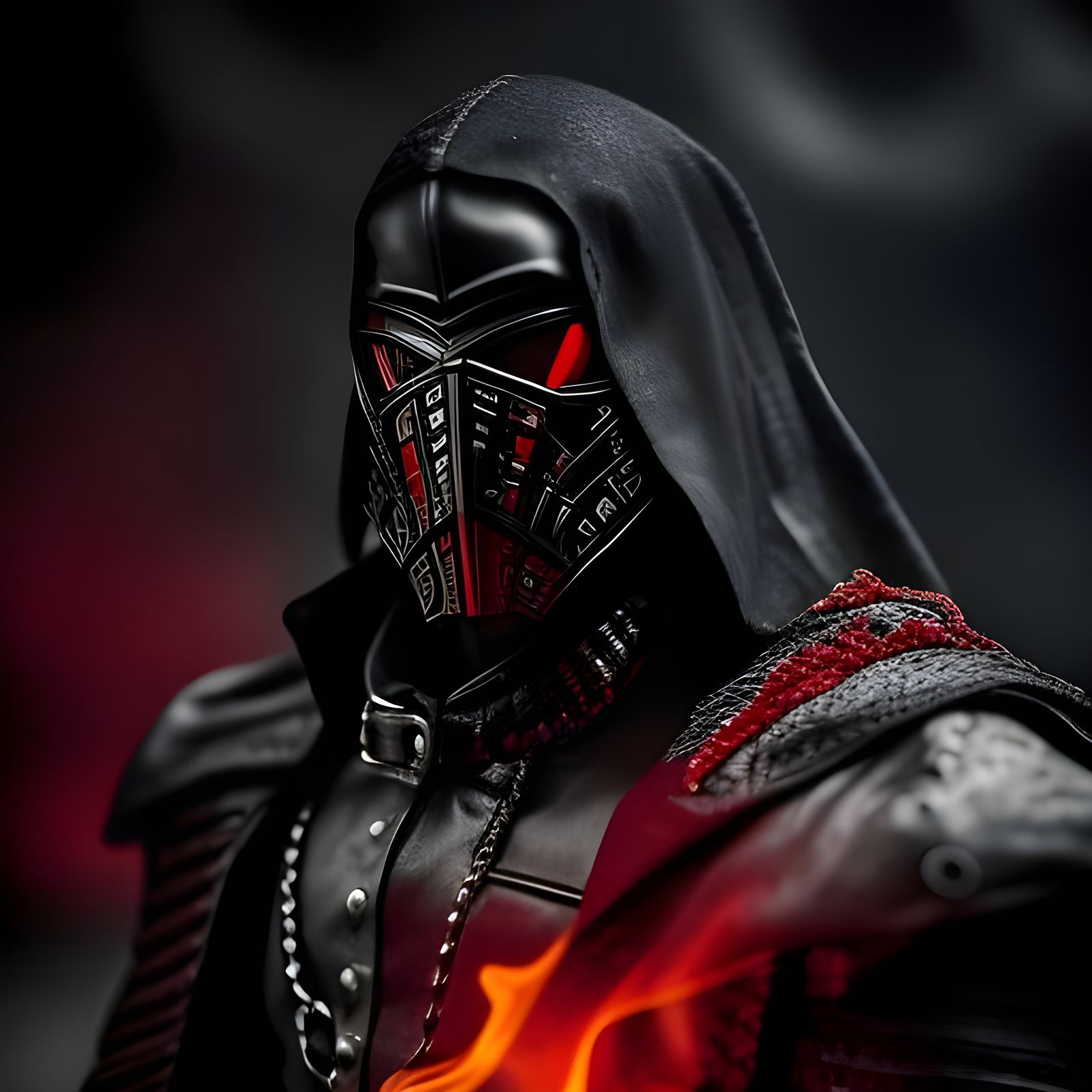 Medieval , Bounty hunter, Men with black and red outfit, fire bckadrop , bokeh,