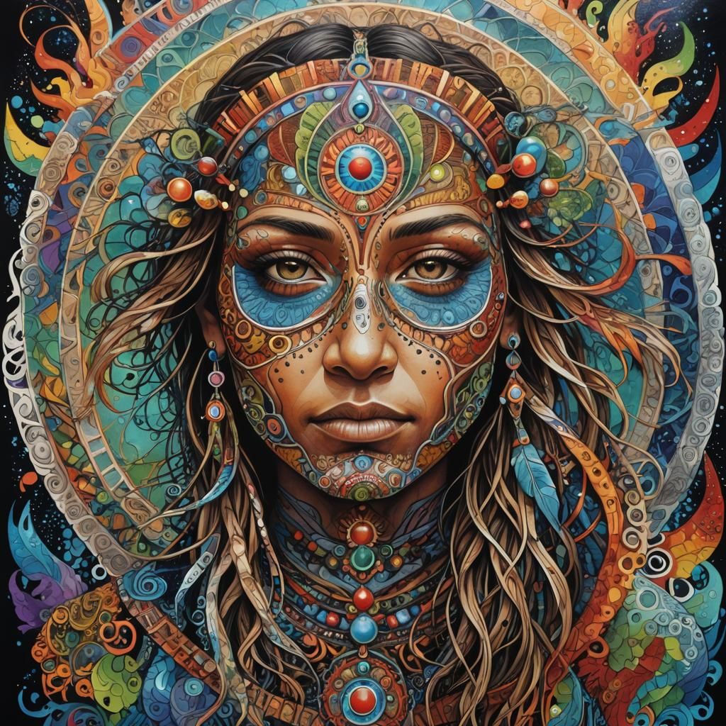 Vibrant Shamanic Symbol in Quantum Zentangle Style