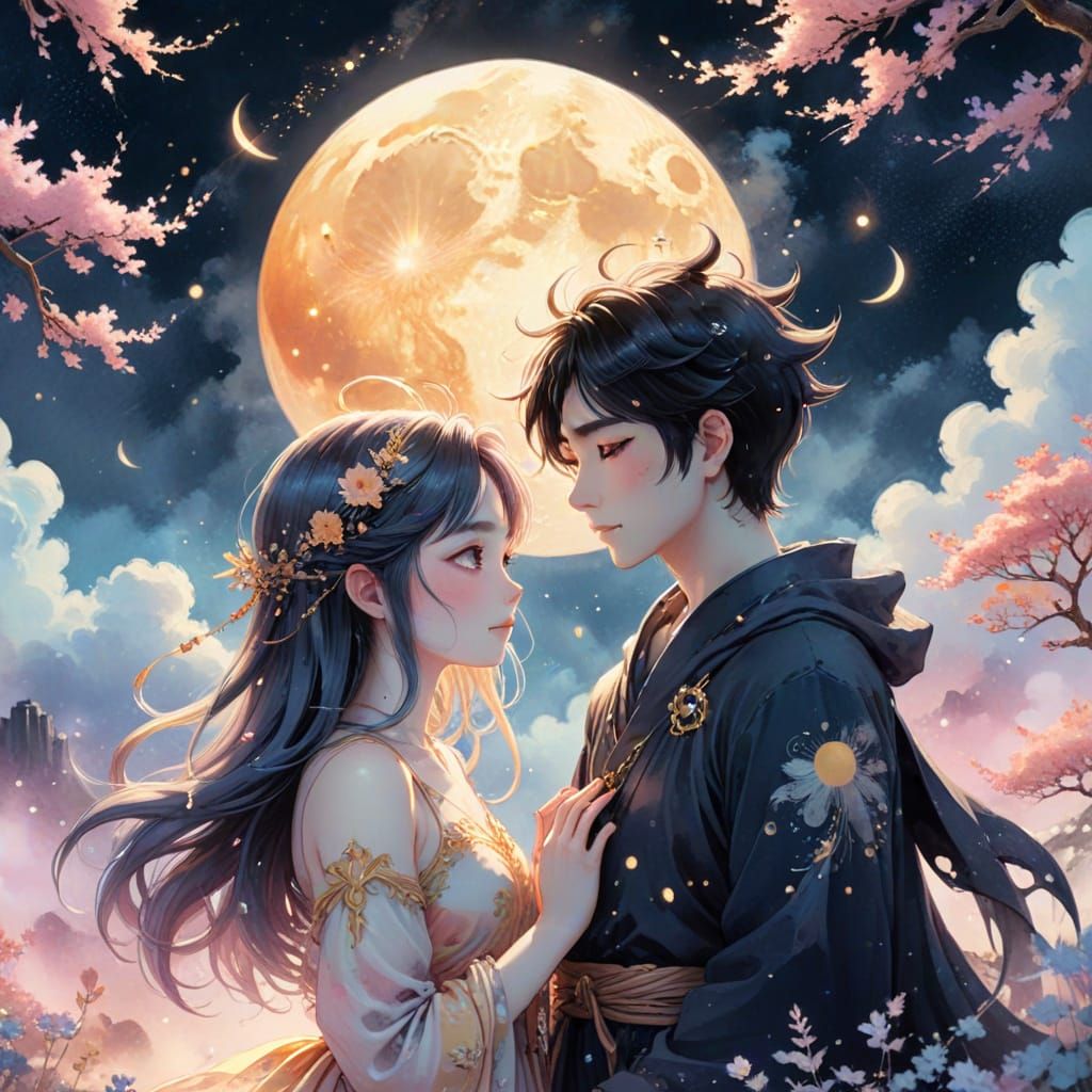 Whimsical Moon and Sun Embrace in Pastel Goth Anime
