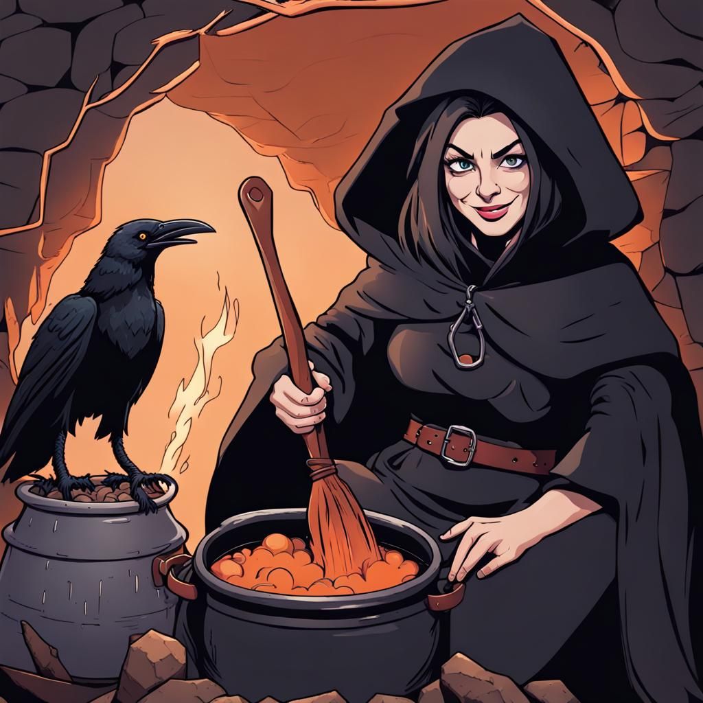 Medieval Witch in Dark Comic Style with Raven
