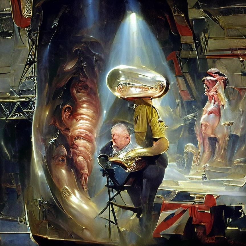 Surreal Tuba Man Eats Sausage On Stage