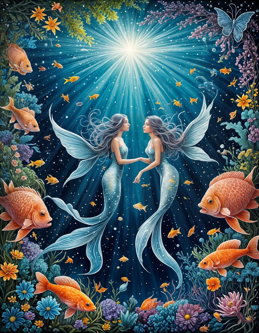 Two ethereal fishes gracefully navigating a mystical underwa...
