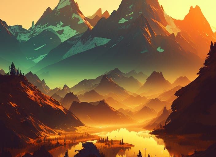 Golden Hour Mountain Range in Digital Art Style