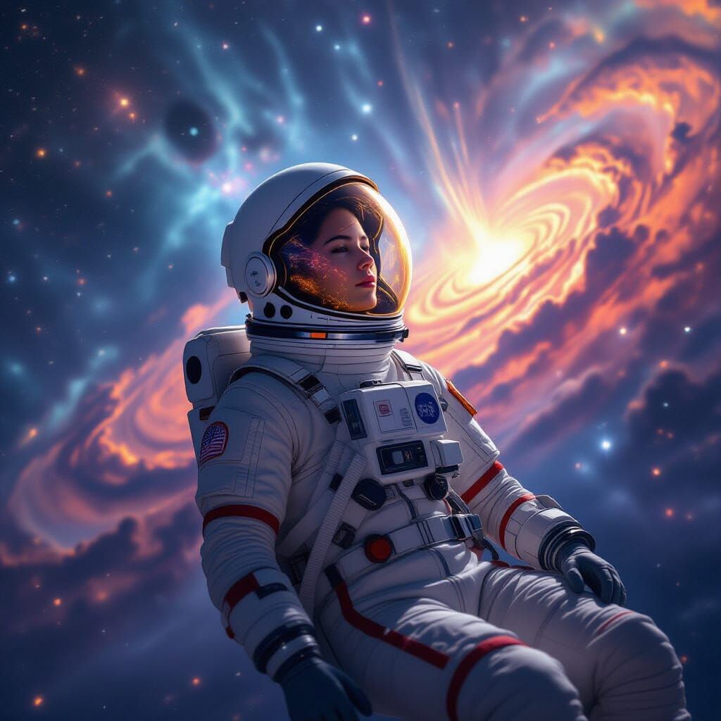 Astronaut Drifting in Nebula Reflecting Galaxies
