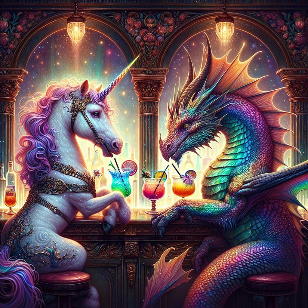 Unicorn and Dragon Enjoying Cocktails in Fantasy Bar