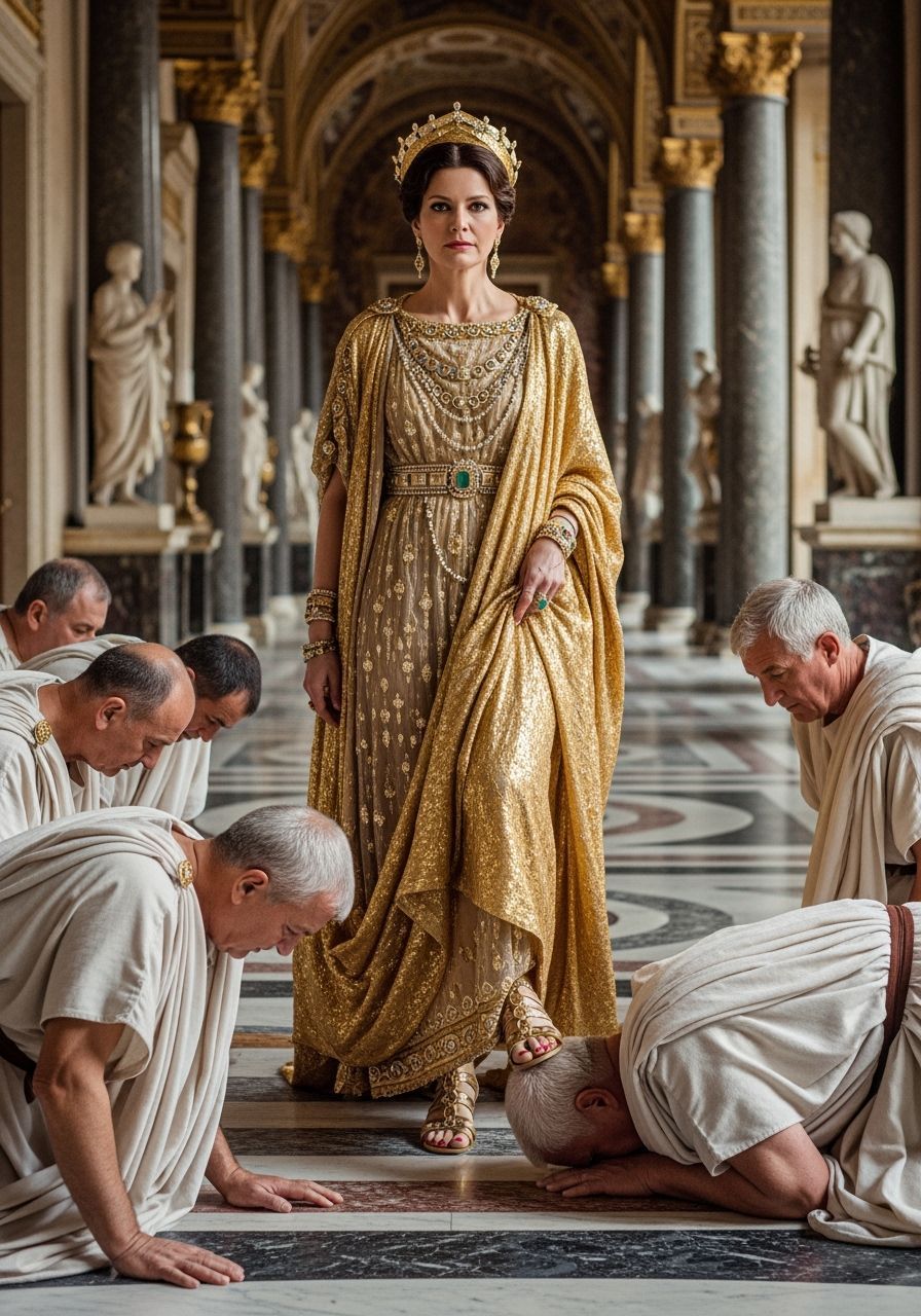 Empress Messalina in Gold Toga Walks in Palace