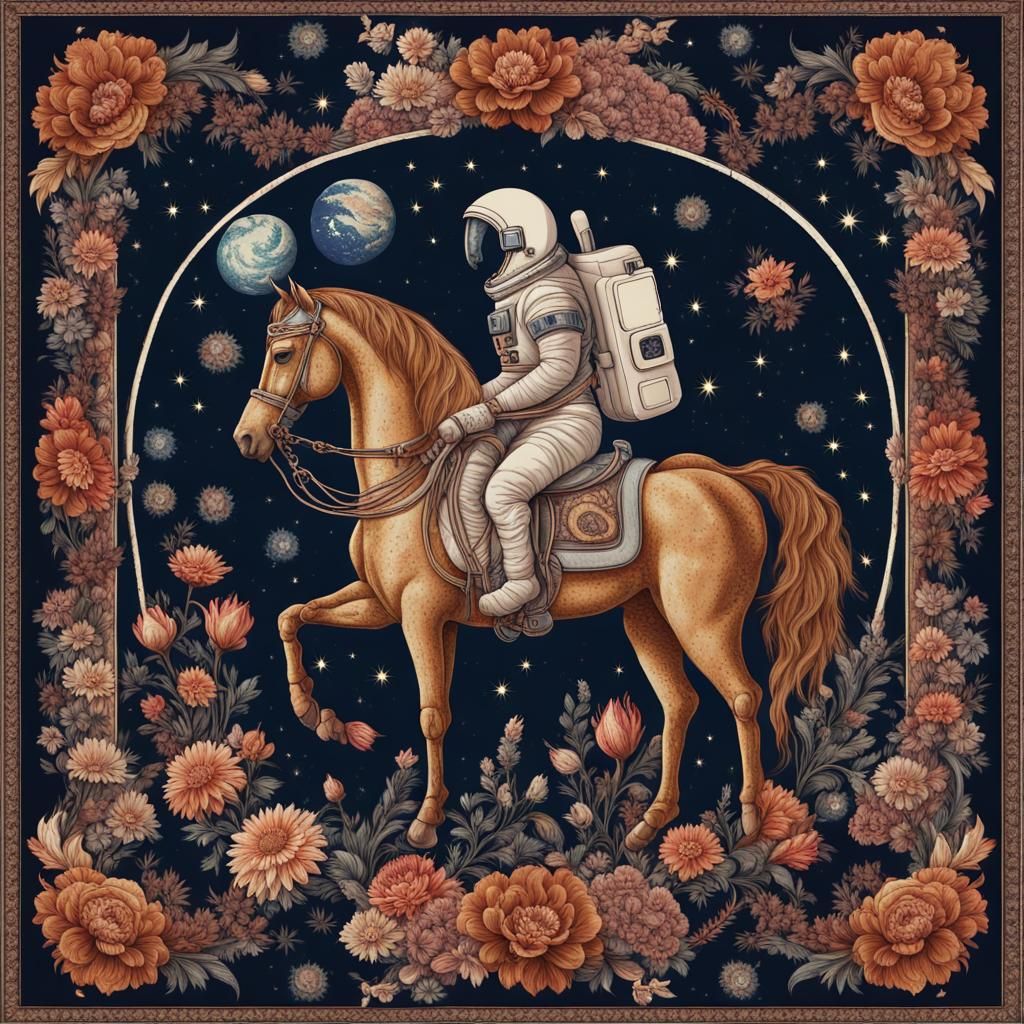 Medieval Floral Tapestry with Horse, Astronaut, and Spaceshi...